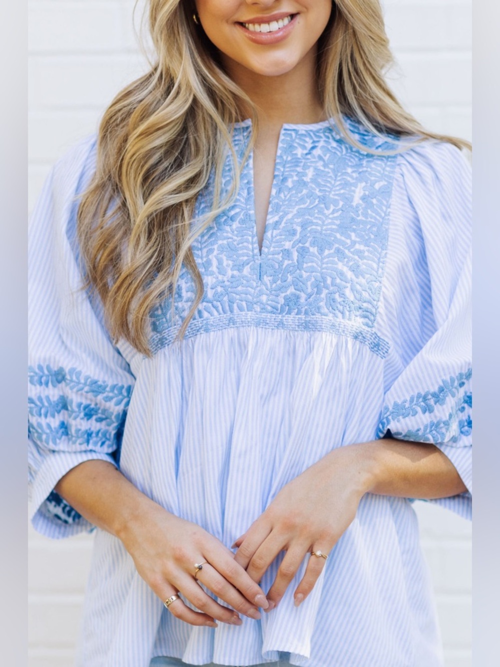 Light Blue Embroidered Peasant Top - Women's